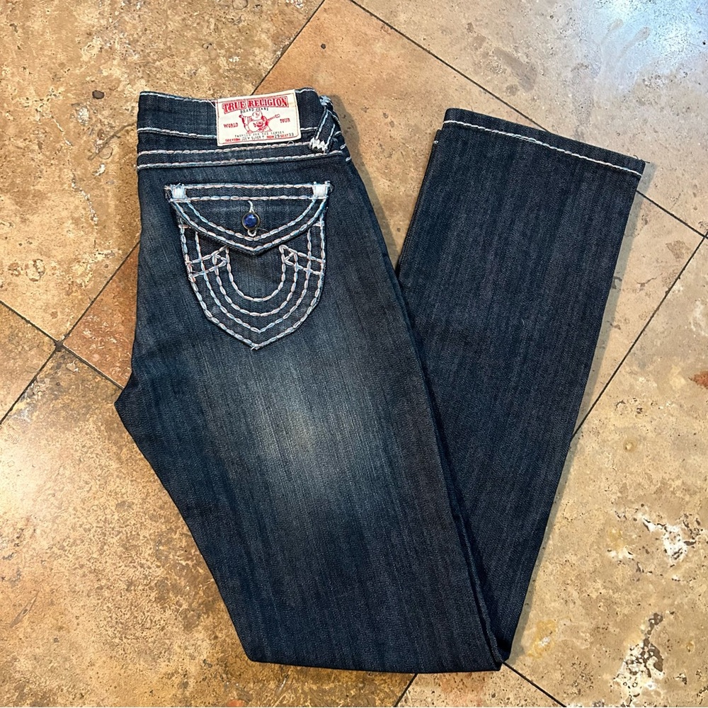 True Religion Dark Denim Lowrise Bootcut White Thread Blue Gem Size 29